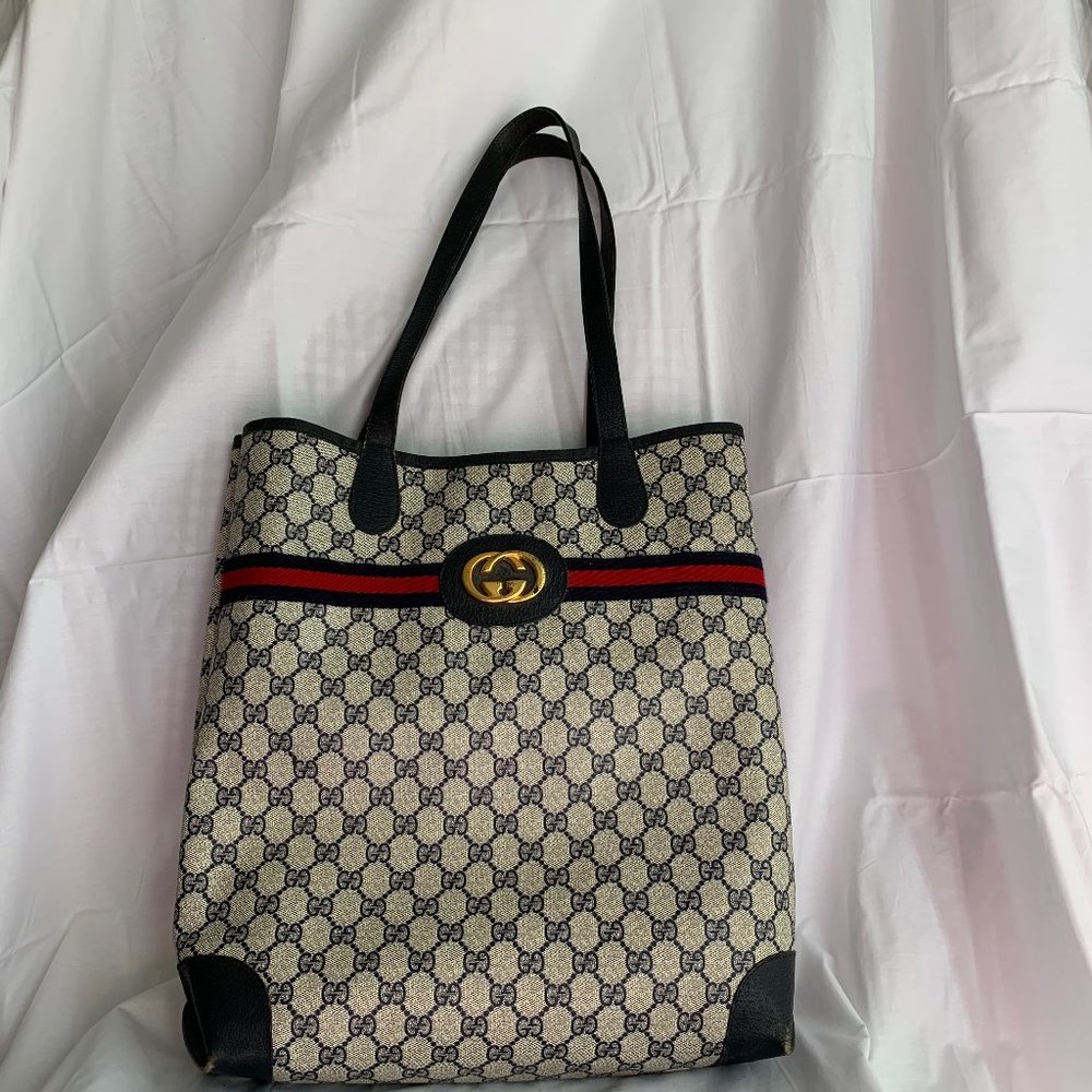Vintage Gucci Tote Bag - Blue Monogram Iconic Stripe (circa 1988)